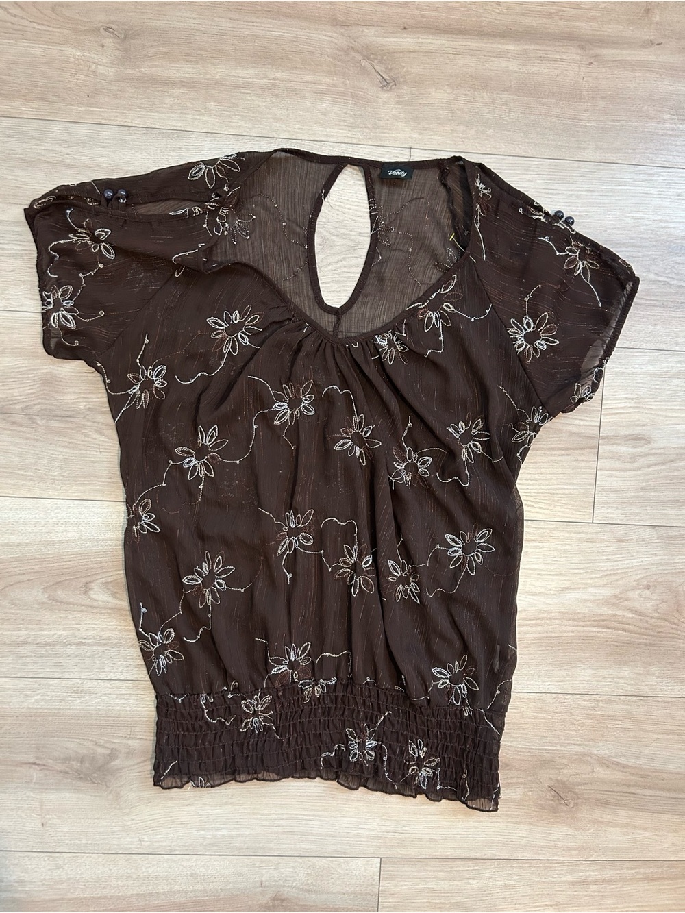 Y2K Vanity Brown Floral Sheer Blouse with Keyhole Back